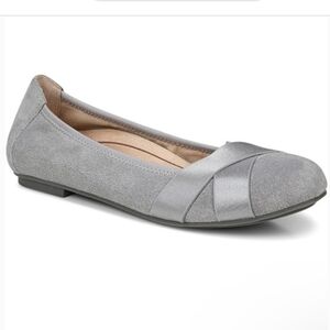 Vionic Maria Gray Suede Ballet Flat with Satin Ribbon Detail